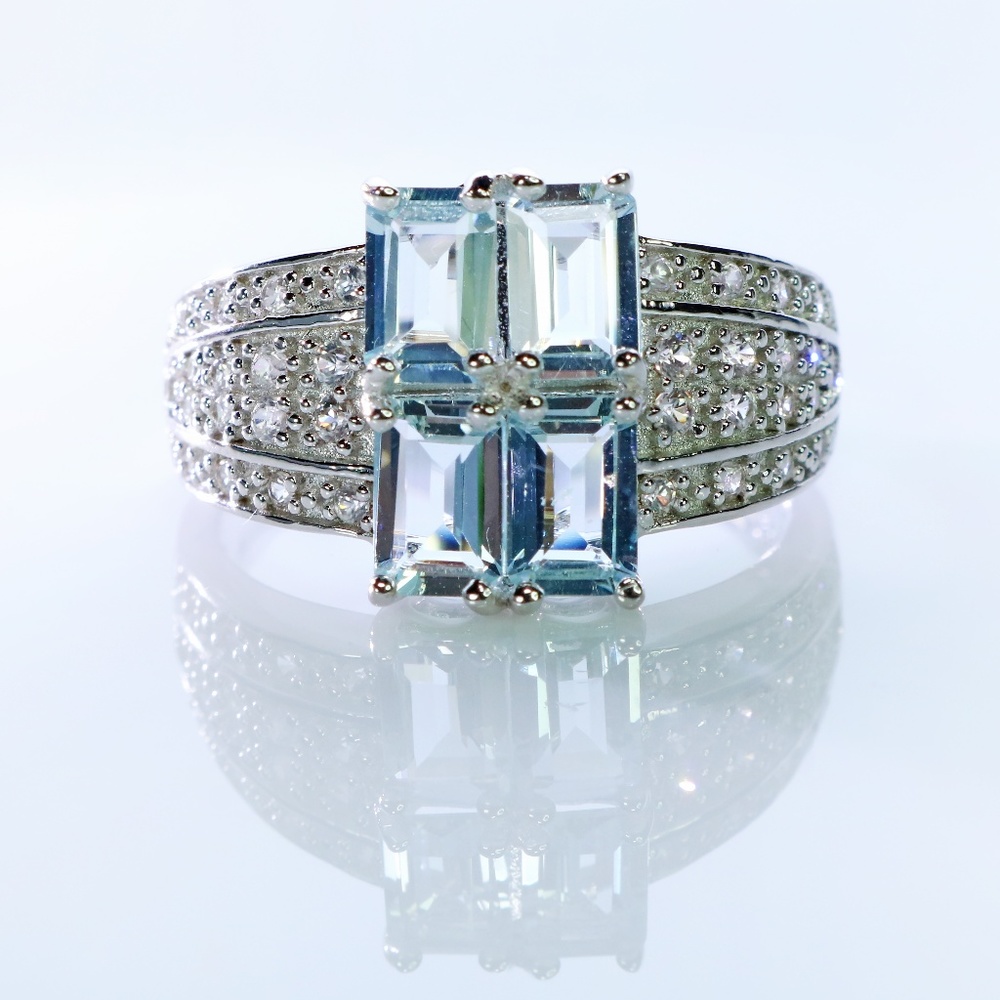 Aquamarine and White Zircon Sterling Silver Ring